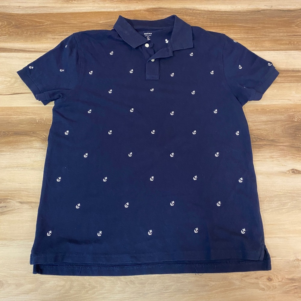 J.Crew Pique Polo Shirt Mens Large Anchor Print Slim Fit Short Sleeve Navy Blue